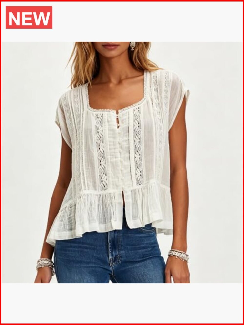 Semi Sheer Button Down Blouse Square Neck Lace Ruffle Trim Cap Sleeve Casual - Picture 3 of 6